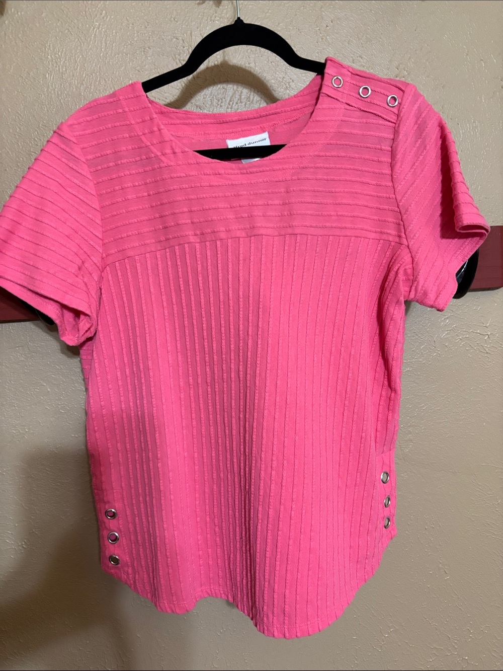 Alfred Dunner Bright Pink Short-Sleeve Ribbed Top with Snap Details